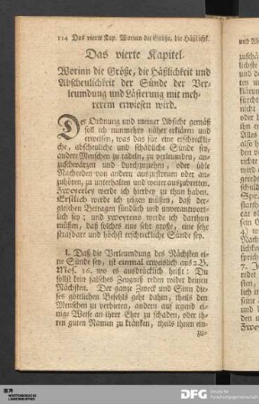 Das vierte Kapitel. Worinn die Größe, die Häßlichkeit und Abscheulichkeit der Sünde der Verleumdung und Lästerung...