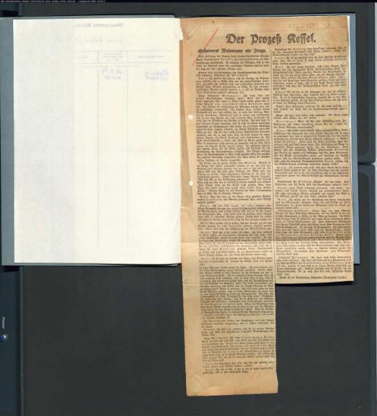 Zeitungsausschnitte über den Prozess gegen Hauptmann von Kessel