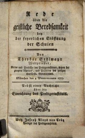 Rede über die geistliche Beredsamkeit : bey der feyerlichen Eröffnung der Schulen