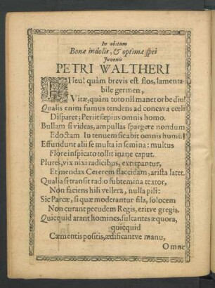 In obitum Bonae indolis, et optimae spei Juvenis Petri Waltheri