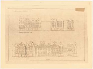 Nachkriegsneugestaltung der Kreuzung Kohlmarkt, Breite Straße, Wahmstraße, Sandstraße, Lübeck: Aufriss 1:200: Straßenansichten der Häuserzeilen Kohlmarkt 2 - 16 (Nordseite), Kohlmarkt 1 - 21 (Südseite)