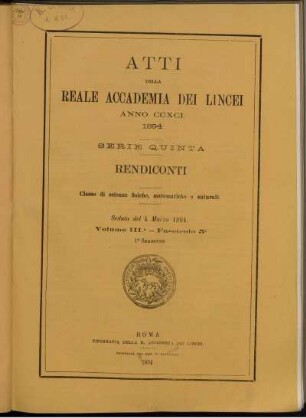 Seduta del 4 Marzo 1894. Volume III. - Fascicolo 5.