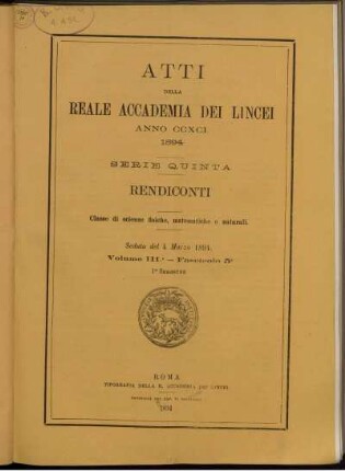 Seduta del 4 Marzo 1894. Volume III. - Fascicolo 5.