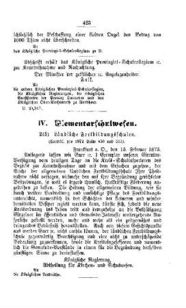 Ländliche Fortbildungsschulen : [IV. Elementarschulwesen]