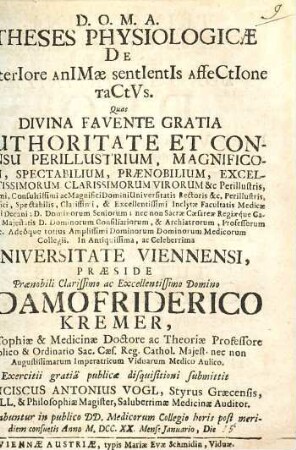 Theses Physiologicae De Exterione Animae sentientis Affectione Tactus
