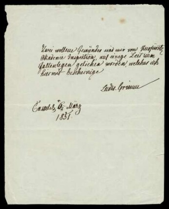 Brief von Ludwig Emil Grimm an Kurfürstliche Akademie Inspection