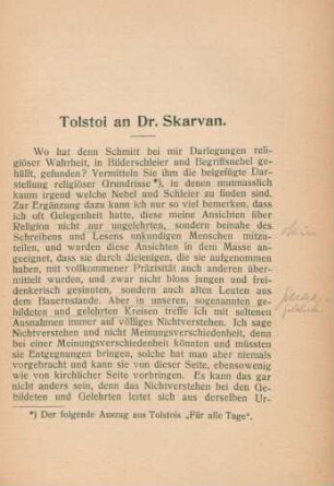 Tolstoi an Dr. Skarvan