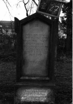 Grabstein 55 (Index: 99804793) Material: Sandstein Zustand: vor allem Sockel verwittert Maße HxBxT: 123x54x24 cm Beschreibung: Stele, Sockel, giebelartiger Abschluß mit Ohren: Grabstein 2/27