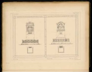 Grabdenkmal für Geheimrat Koch, Thale und für Geheimrat Stein, Stettin Monatskonkurrenz November 1877 und Dezember 1877: beide Entwürfe in Aufriss Seitenansicht