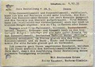 Postkarte mit der Absage einer Lieferung von Sonnenblumenöl wegen der Einstellung der Einfuhr mit dem Angebot eines Ersatzproduktes - Nachlass
