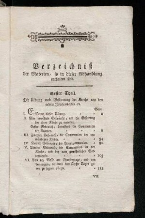 Verzeichnis der Materien, so in dieser Abhandlung enthalten sind.
