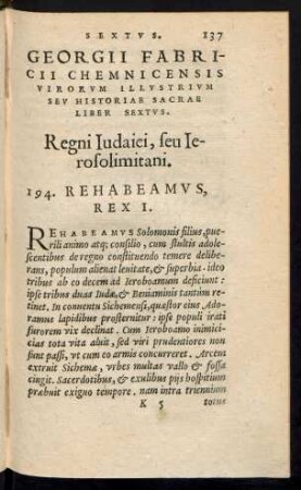 Georgii Fabricii Chemnicensis Virorum Illustrium Seu Historiae Sacrae Liber Sextus. Regni Iudaici, seu Ierosolimitani.