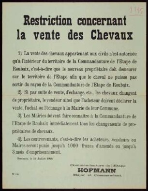 "Restriction concernant la vente des Chevaux" (Bekanntgabe von Einschränkungen des Pferdehandels) (No. 124)