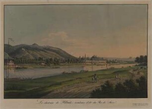 Ansicht des Schlosses Pillnitz mit Elbetreidler, Stich, um 1820