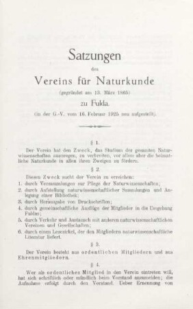 Satzungen des Vereins für Naturkunde (gegründet am 13. März 1865) zu Fulda.
