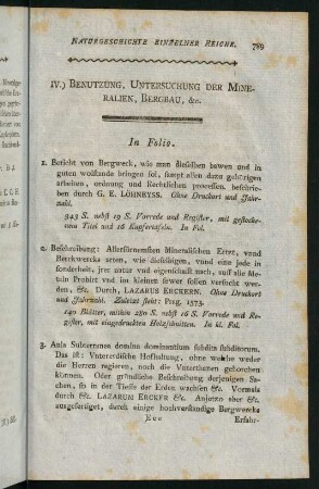 789-798, IV. Benutzung, Untersuchung der Mineralien, Bergbau, &c.
