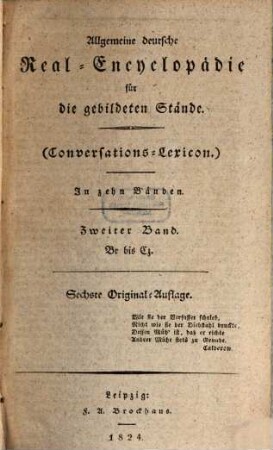 Allgemeine deutsche Real-Encyclopädie für die gebildeten Stände (Conversations-Lexicon). 2. Br - Cz. - 1824