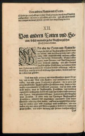XII. Von andern Rotten und Secten/ so sich niemals zu der Augspurgischen Confession bekennet.