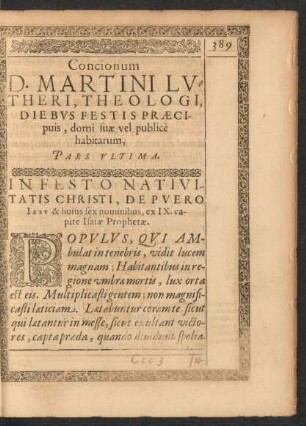 Concionum D. Martini Lutheri, Theologi, Diebus Festis Praecipuis, domi suae vel publice habitarum, Pars Ultima.