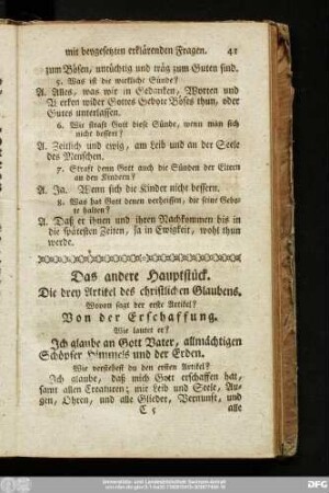 Das andere Hauptstück. Die drey Artickel des christlichen Glaubens.