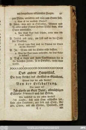 Das andere Hauptstück. Die drey Artickel des christlichen Glaubens.