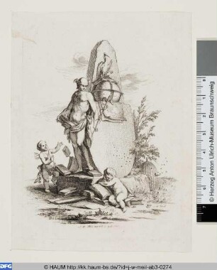 Merkur vor einem Denkmal stehend umgeben von zwei Genien, Büchern, einem Storch und einem Bienenkorb