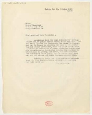 Brief an Ossip Schnirlin : 11.10.1929