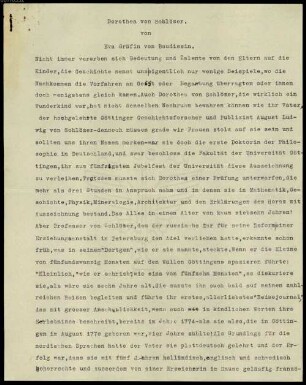 Nachlass von Eva Gräfin von Baudissin (1869-1943) – BSB Baudissiniana. A,8,3,a,3, Eva Gräfin von Baudissin (1869-1943) Nachlass: Dorothea von Schlözer - BSB Baudissiniana A.VIII.3.a.3
