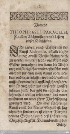 Vorrede THEOPHRASTE PARACELSI, Zu allen Alchimisten unnd Lesern dieses Büchleins.