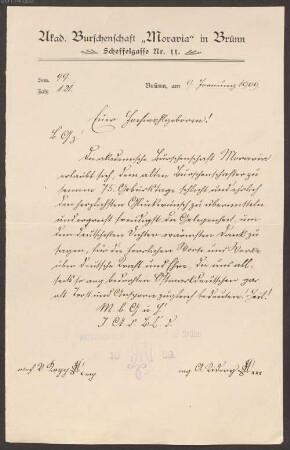 Felix Dahn (1834 - 1912) Nachlass: Brief der Akademischen Burschenschaft "Moravia" in Brünn - BSB Ana 580 Akademische Burschenschaft Moravia in Brünn