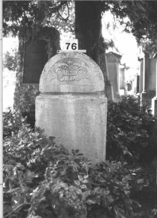 Grabstein 76 (Index: 100114199) Material: Kalkstein Zustand: ohne Inschrift Maße HxBxT: 91x55x21 cm Beschreibung: Stele, eingezogener Rundbogenabschluß Symbolik: Blumenschale: Grabstein 76