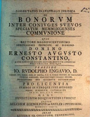 Dissertatio Inauguralis Iuridica De Bonorum Inter Coniuges Suevos Speciatim Memmingenses Communione