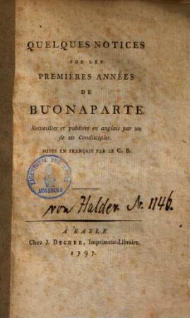 Quelques notices sur les premières années de Buonaparte