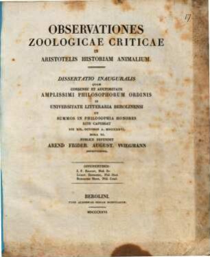 Observationes zoologicae criticae in Aristotelis Historiam animalium : dissertatio inauguralis