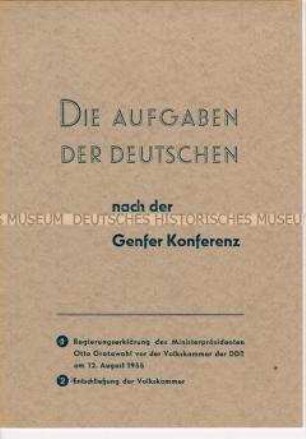 Textausgabe für die Bundesrepublik von der Regierungserklärung der DDR zur Genfer Konferenz 1955