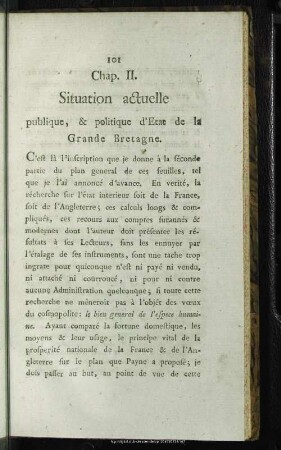 Chap. II. Situation actuelle publique, & politique d'Etat de la Grande Bretagne