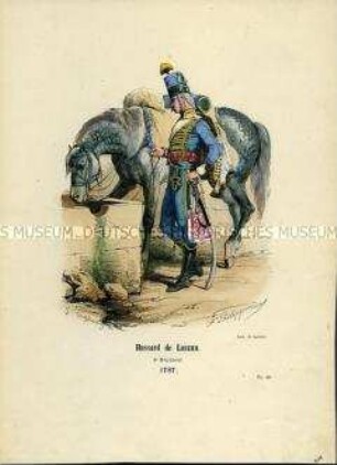 Uniformdarstellung, Husar der 6. Husaren-Regiments "Herzog de Lauzun", Frankreich, 1787.