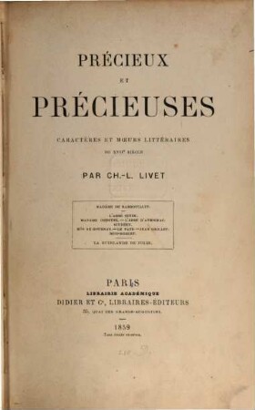 Précieux et précieuses : Caractères et moeurs littéraires du XVIIe siécle