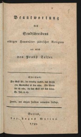 Beantwortung des Sendschreibens einiger Hausväter jüdischer Religion an mich den Probst Teller