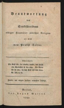 Beantwortung des Sendschreibens einiger Hausväter jüdischer Religion an mich den Probst Teller