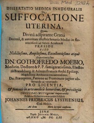 Dissertatio Medica Inauguralis De Suffocatione Uterina