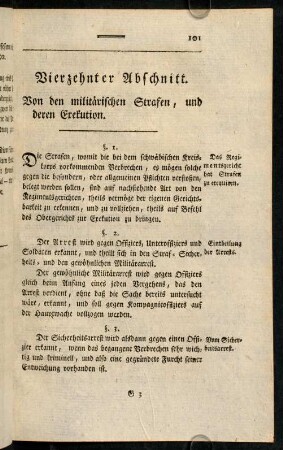 101-116, Vierzehnter Abschnitt. Von den militaerischen Strafen, und deren Exekution.
