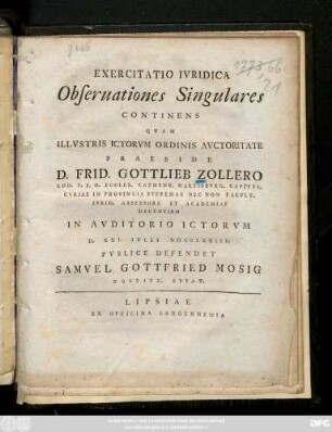 Exercitatio Ivridica Observationes Singvlares Continens