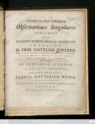 Exercitatio Ivridica Observationes Singvlares Continens