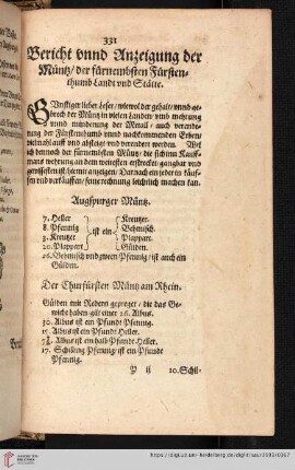 Bericht unnd Anzeigung der Muenz