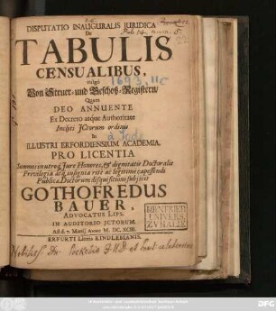 Disputatio Inauguralis Iuridica De Tabulis Censualibus, vulgo Von Steuer- und Geschoß-Registern