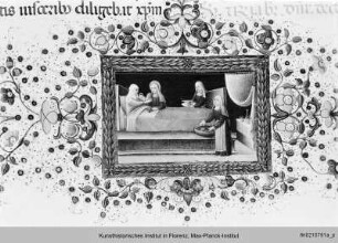 Breviarium Romanum, mit Kalendarium : Textseite mit im Bordürenstab eingeschlossener Miniatur, darin der Krankenbesuch der Heiligen Elisabeth