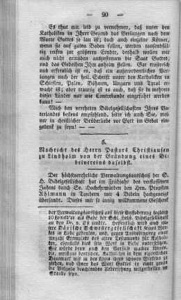 5. Nachricht des Herrn Pastors Christiansen zu Lindholm von der Gründung eines Bibelvereins daselbst.