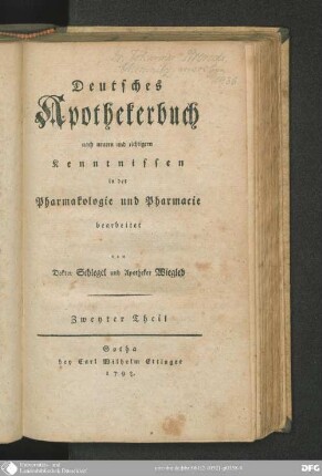 2: Deutsches Apothekerbuch : nach neuern und richtigern Kenntnissen in der Pharmakologie und Pharmacie bearbeitet