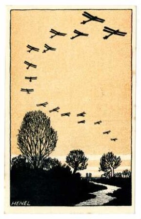 Postkarten mit Flieger-Karikaturen: (Geschwader im Flug) (mit Zensurvermerk 27.12.1917 Nr. 3720d)